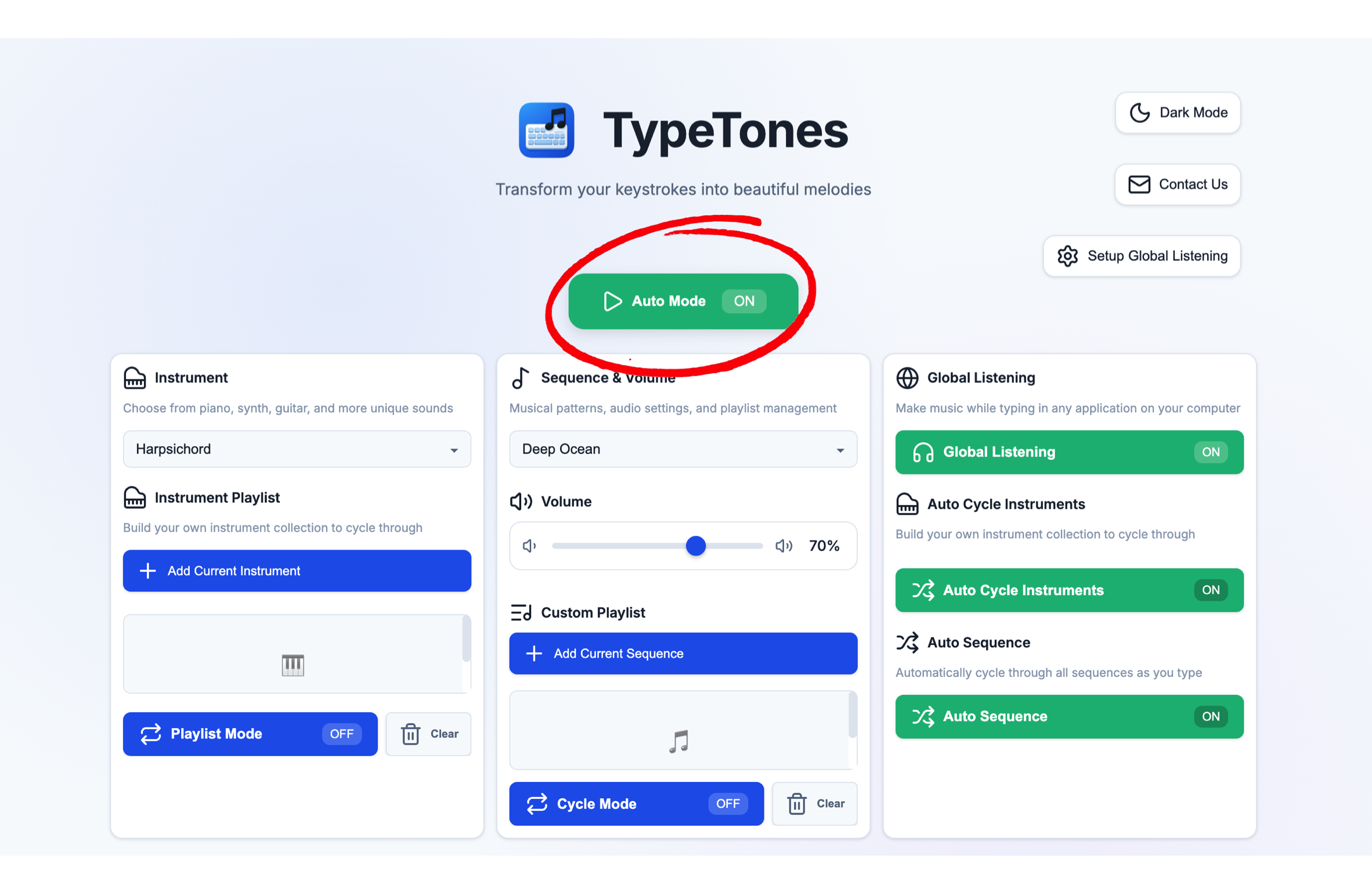 TypeTones Auto Mode button highlighted