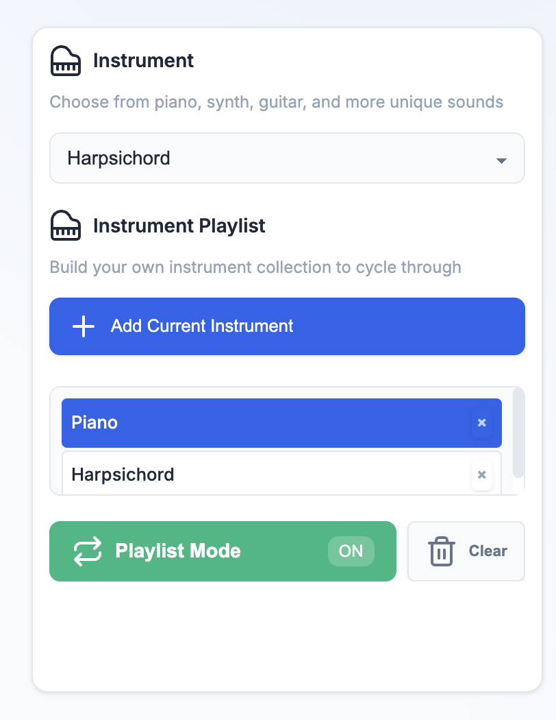 TypeTones Instrument Selector with Playlist Mode
